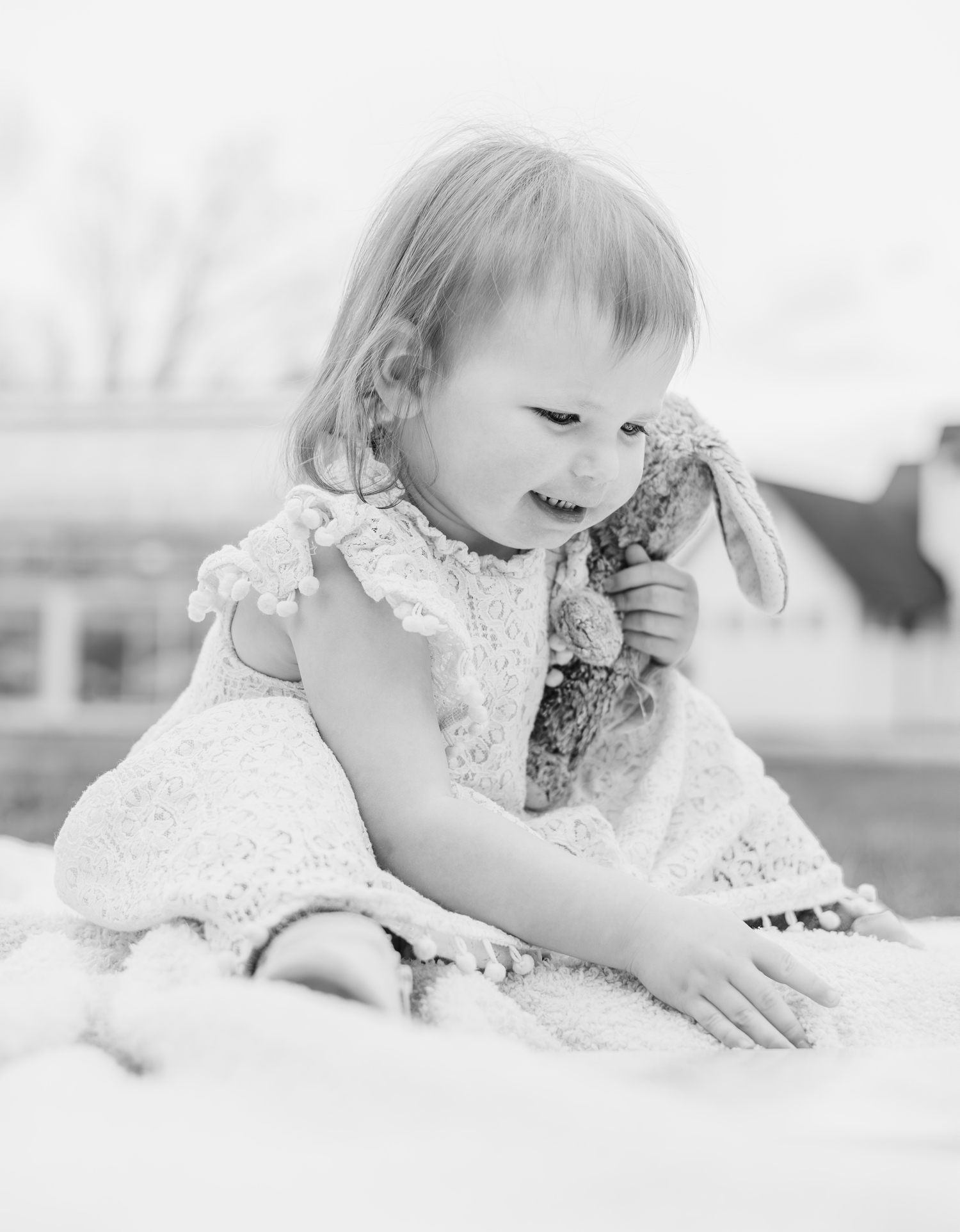 Daisy and the bunny in BW.