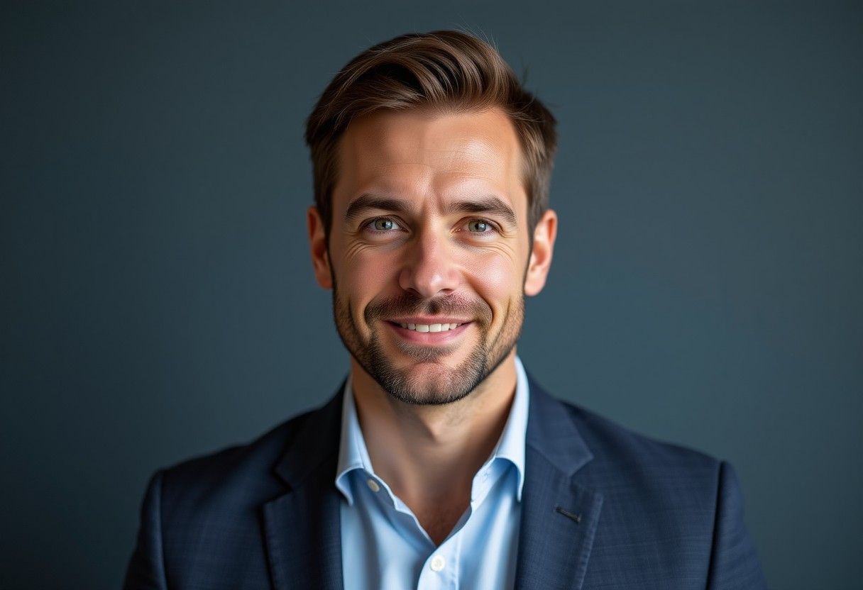 Professional headshot portraits of a person in a blue dress shirt against a dark background showing different expressions.