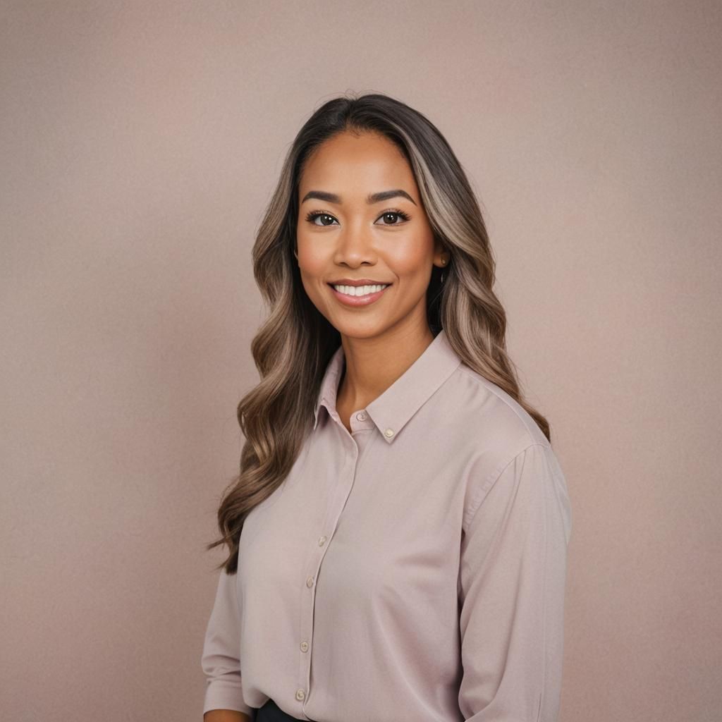 Professional portrait of a woman in a beige collared shirt against a neutral background, showing various poses and expressions.