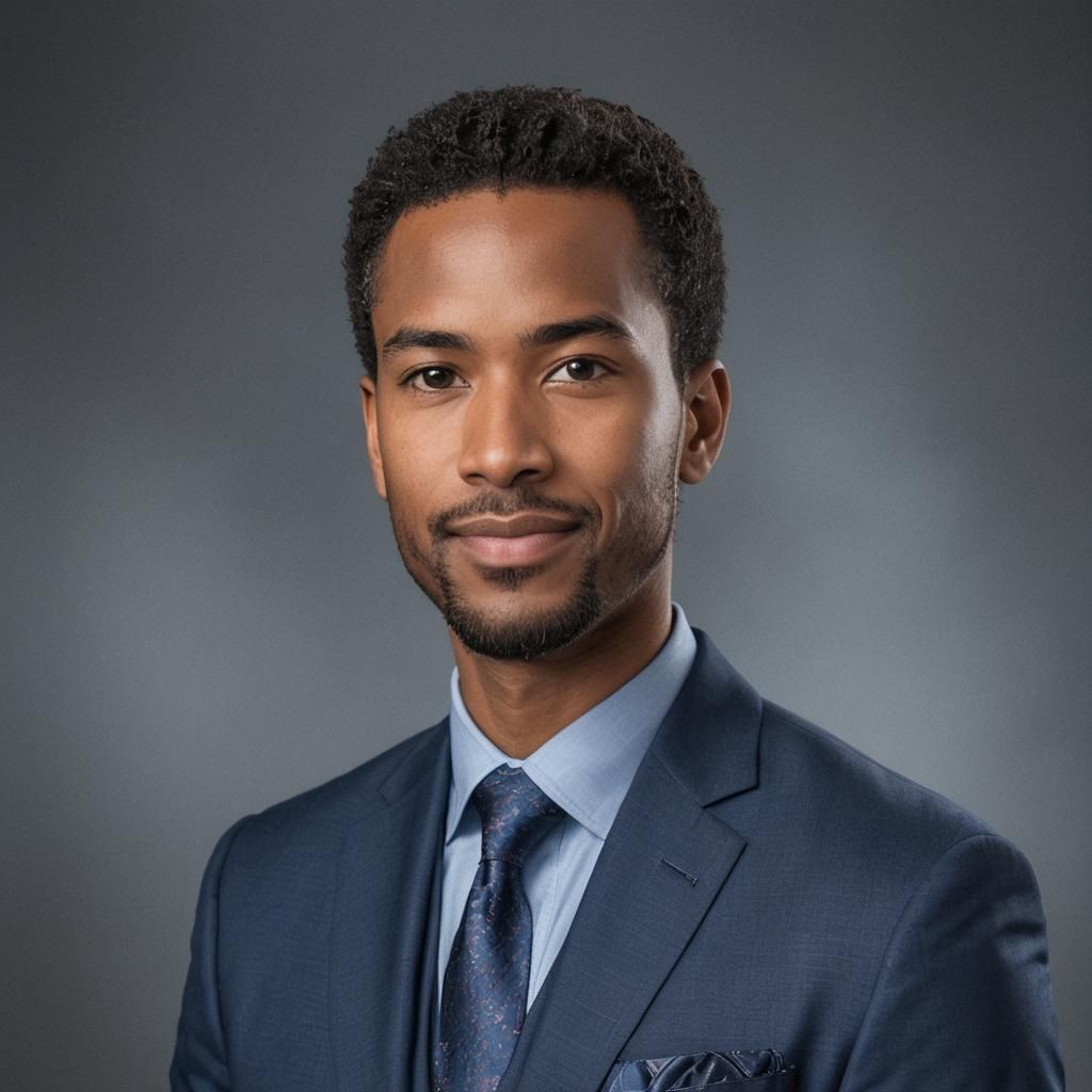 Professional headshot portrait of person in navy blue suit and tie against gray studio background.
