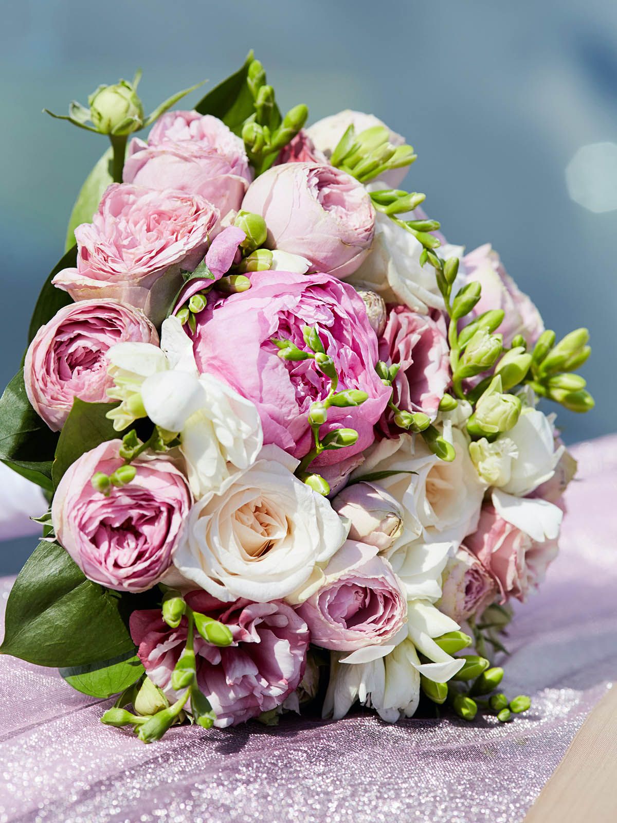 A romantic bouquet of pink garden roses and white freesias lying on a sparkly silver surface with soft bokeh background.
