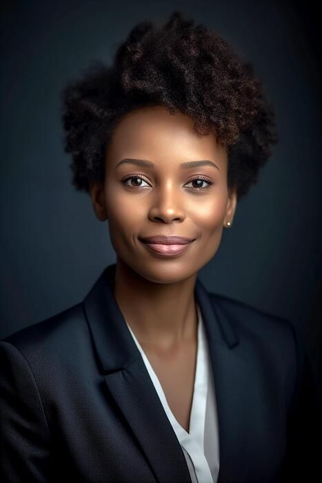Professional studio portrait with dark background showing warm smile and natural curly hair in business attire.