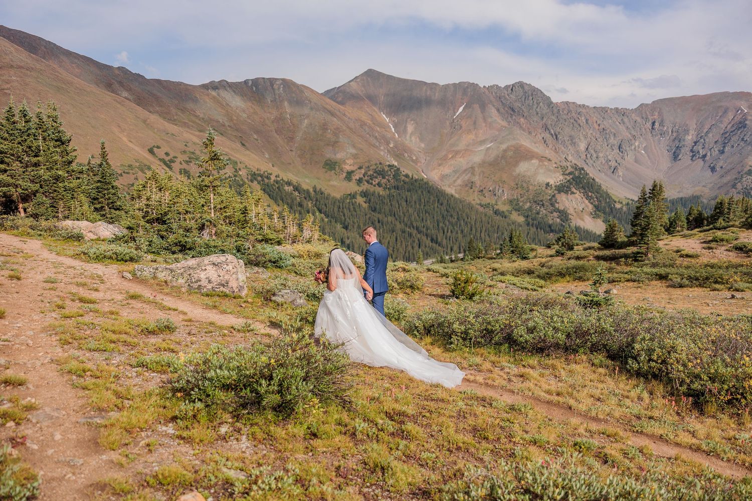 Scenic mountain trail winds through alpine meadows with distant peaks under cloudy skies.