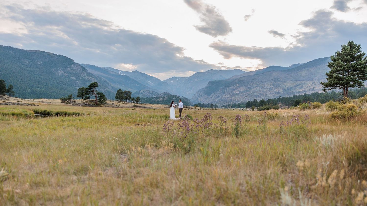 Panoramic view of rolling hills and mountains under cloudy skies in a scenic wilderness landscape.