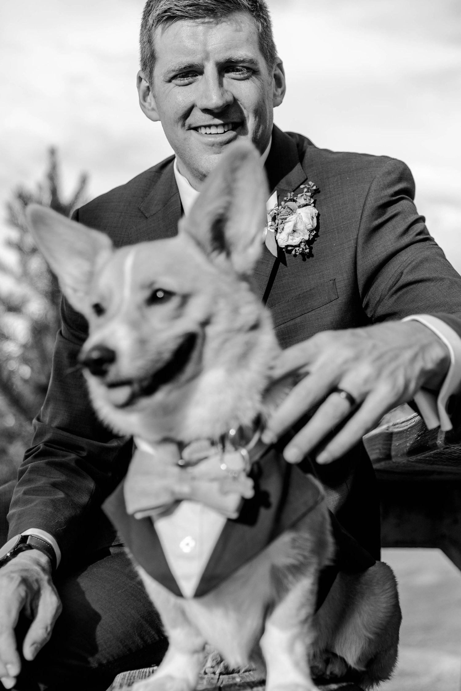 A small Corgi dog wearing formal attire poses with someone in a black suit against a light background.