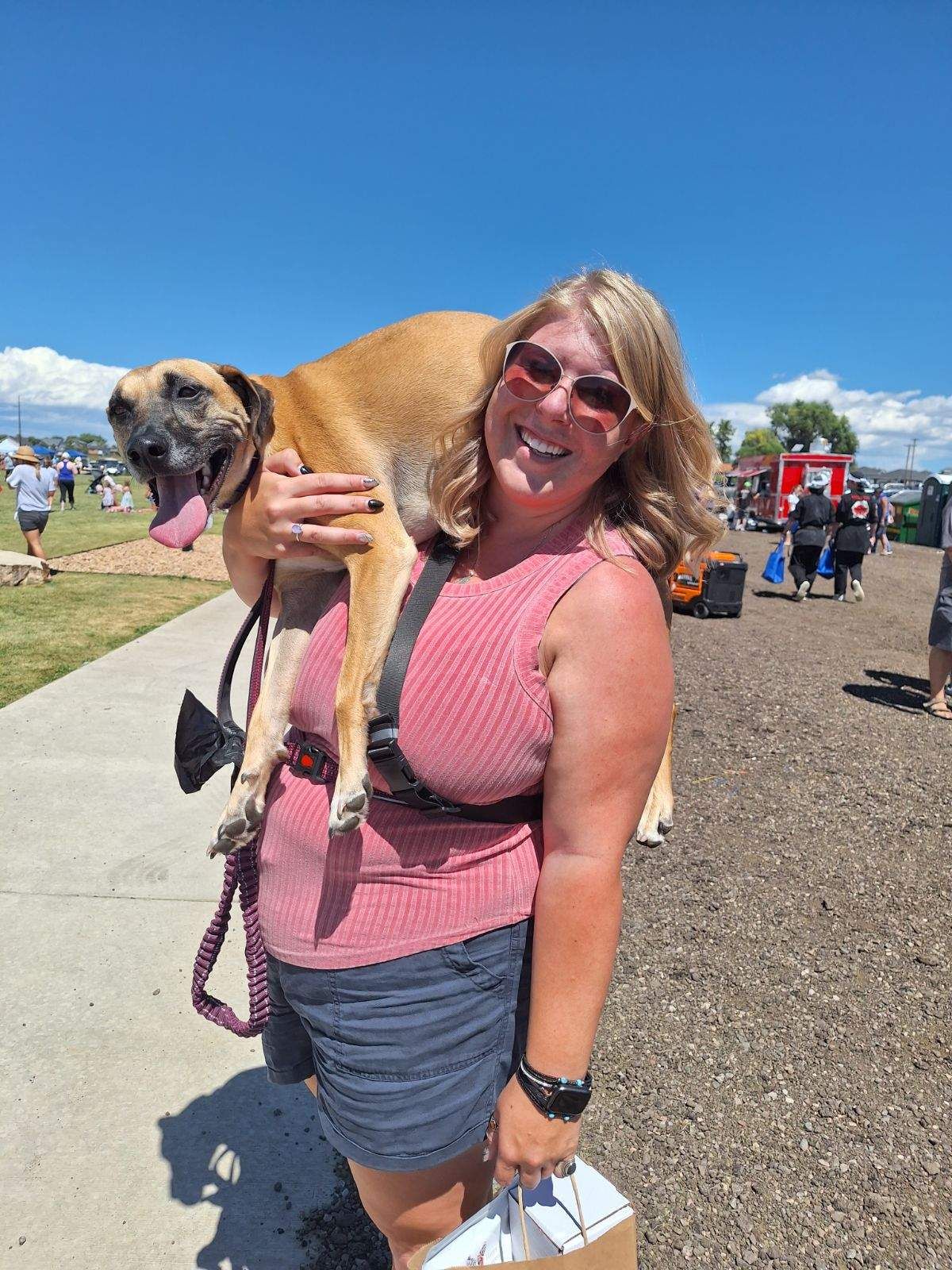 A dog in a pink harness gives affectionate kisses while being held at an outdoor event on a sunny day.