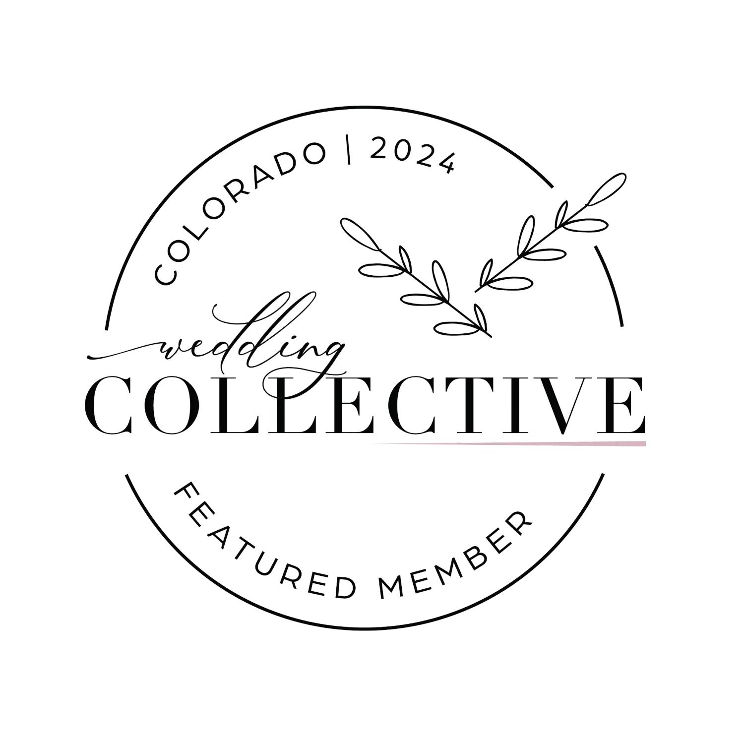 Colorado 2024 Wedding Collective Featured Member badge with elegant botanical illustration and circular design.