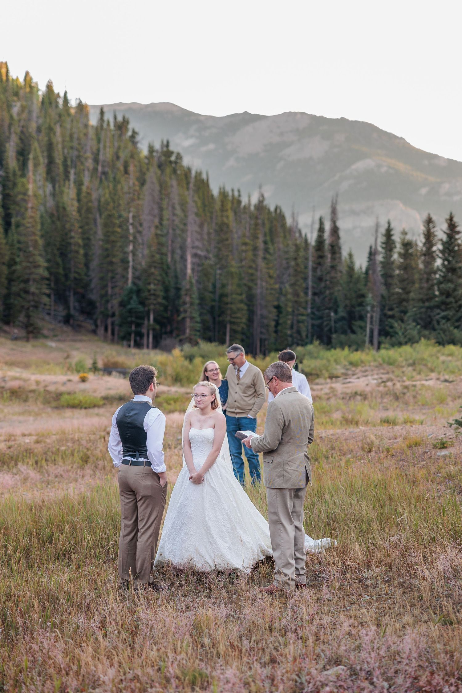 A wedding ceremony takes place in a scenic mountain meadow surrounded by evergreen trees and purple wildflowers.