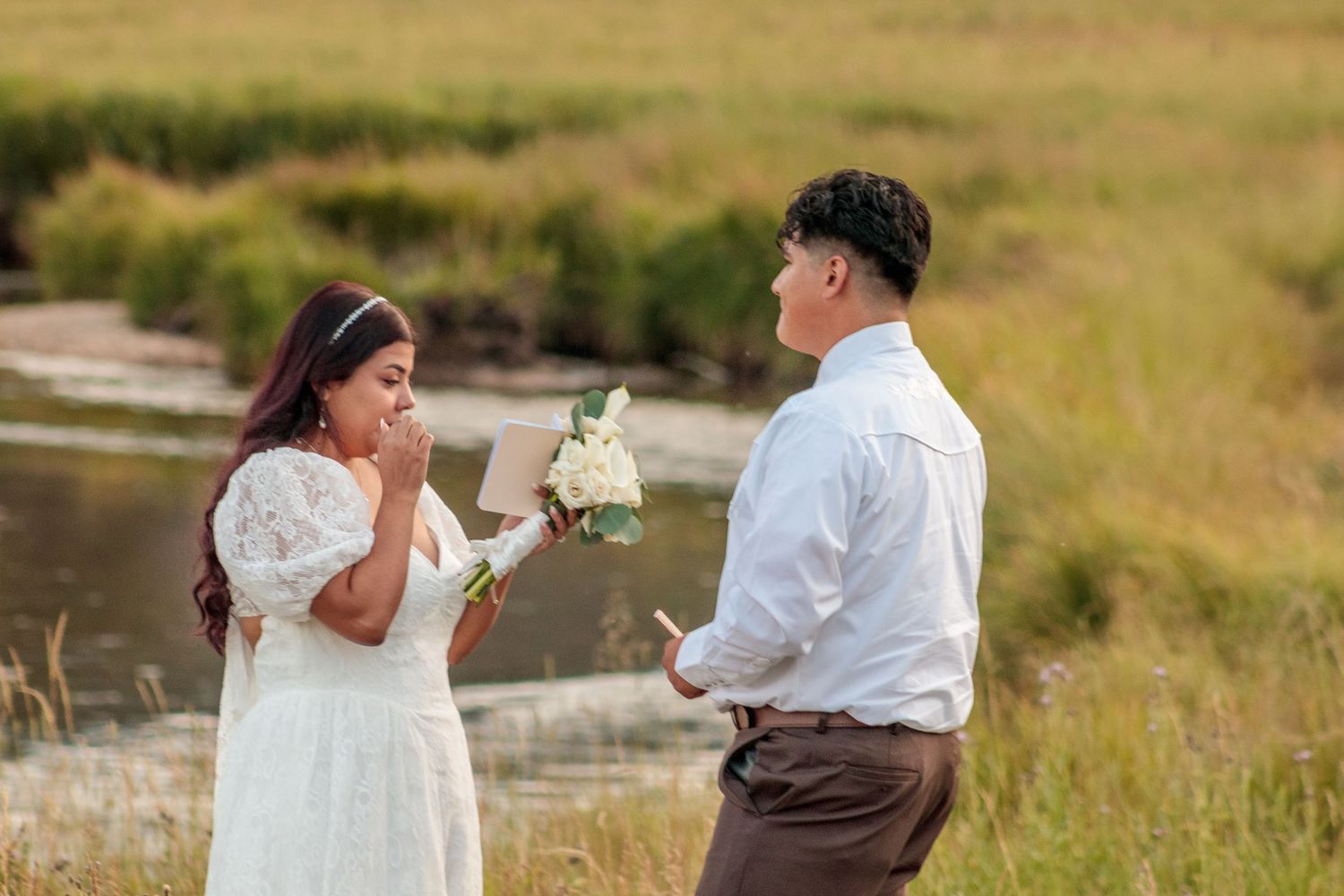 A series of wedding photos showing a couple in a rustic outdoor setting with golden grass and natural light.