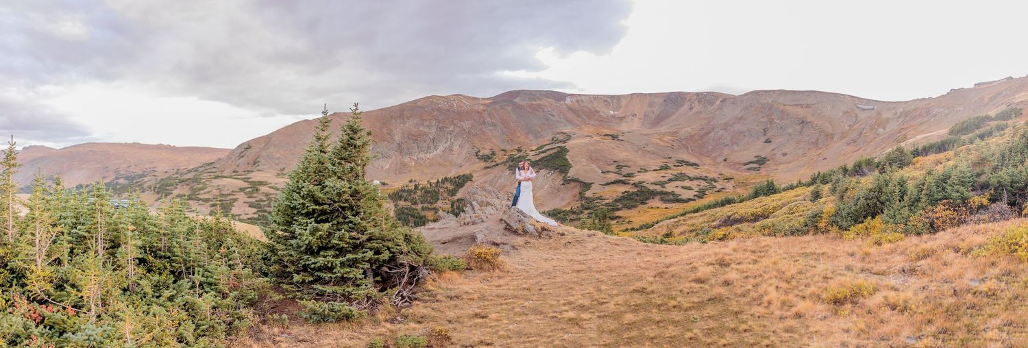 Panoramic mountain landscape with evergreen trees and reddish rocky peaks.