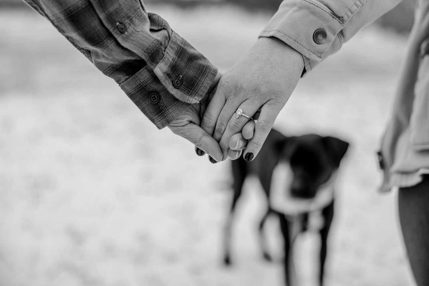 Black and white image of hands holding a camera lens with blurred background.