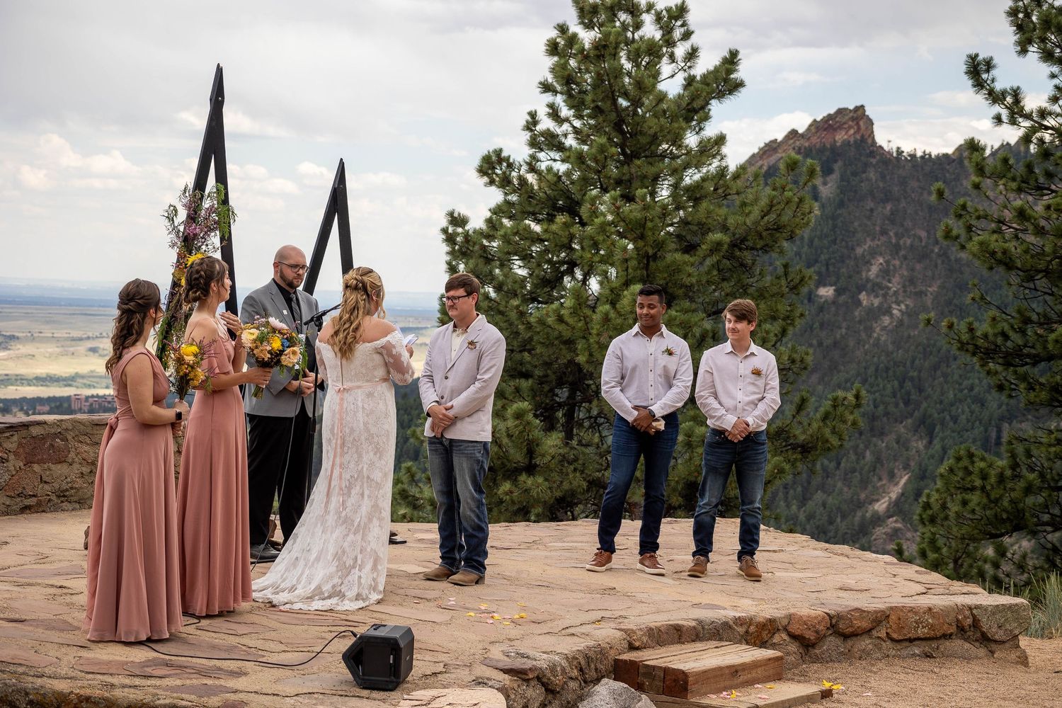 Wedding party poses on scenic mountain overlook with dramatic rock formations and evergreen trees in the background.