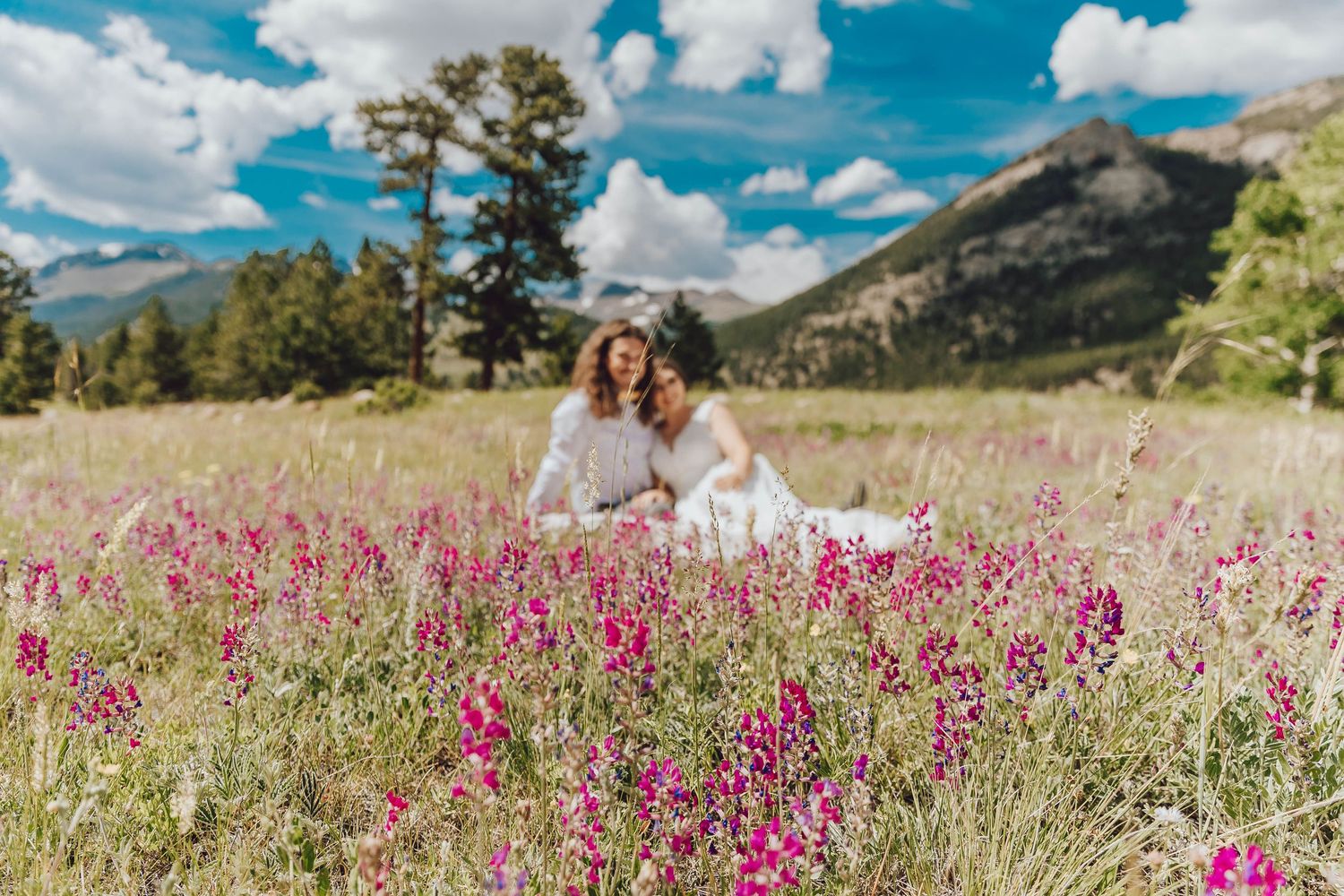 A couple poses in a meadow filled with vibrant pink wildflowers against mountain backdrop.
