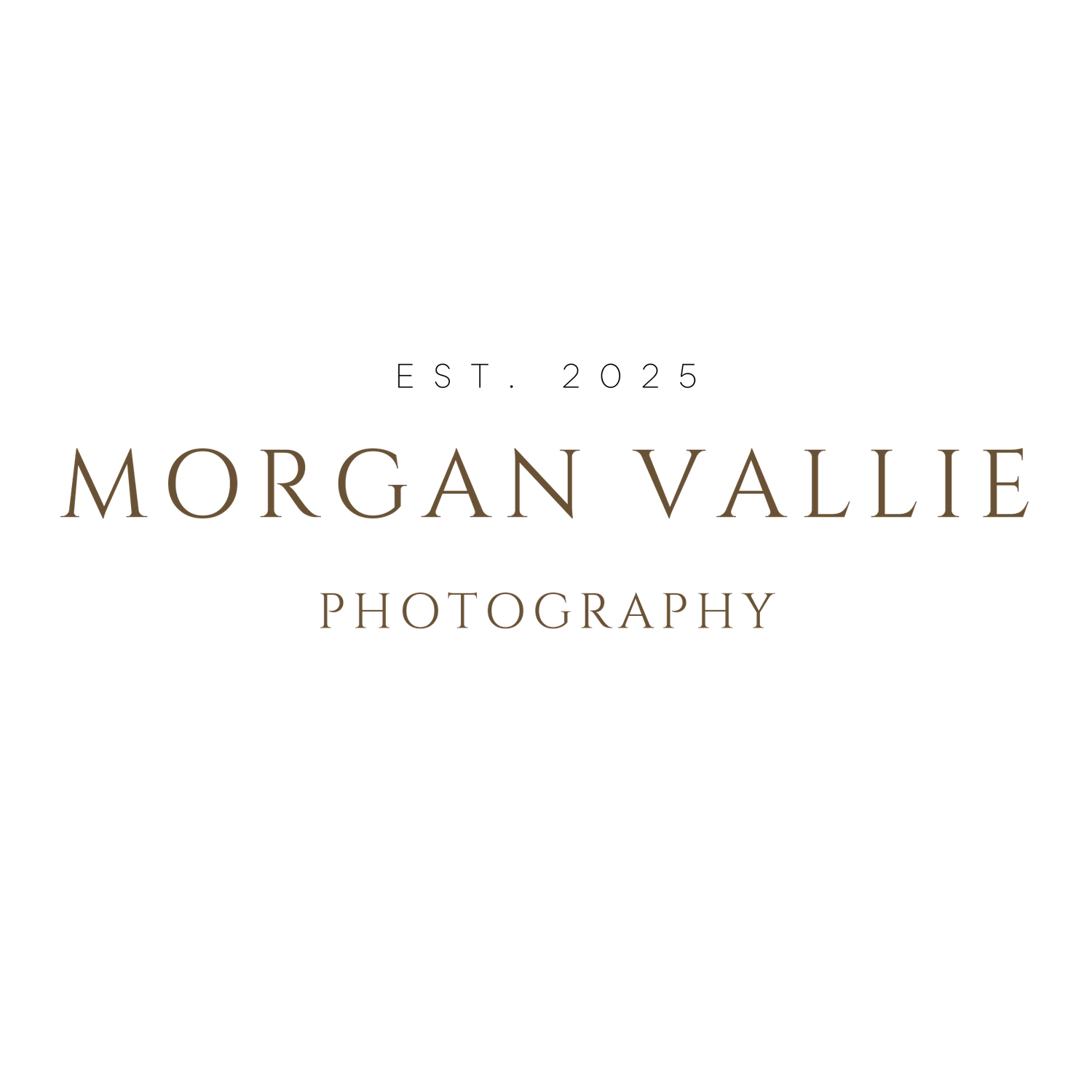 Morgan Vallie Photography logo, established 2025, featuring elegant serif typography in warm brown tones on white background.