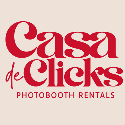Red text logo design for Casa de Clicks photo booth rental company with star accents.
