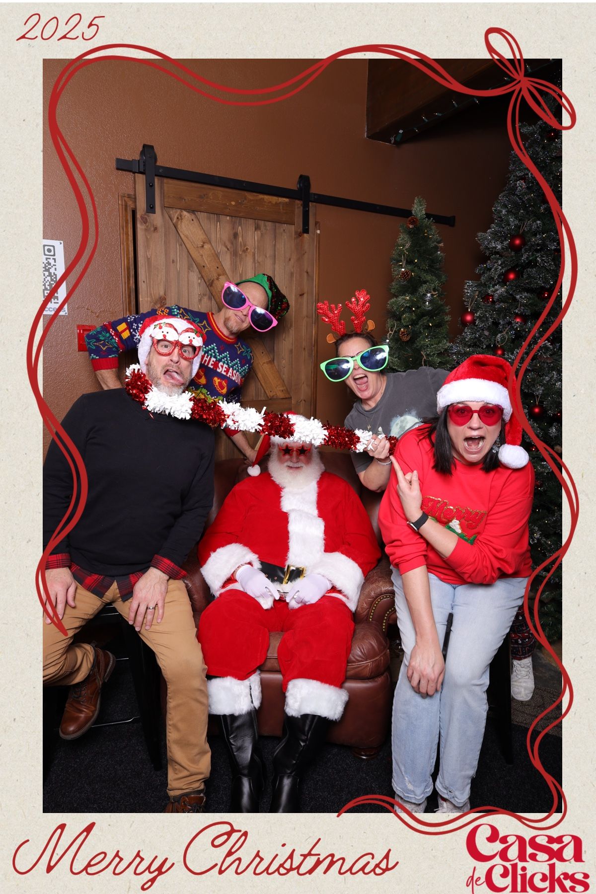A festive holiday photo strip shows four frames with people in Santa hats and red outfits posing together against a Christmas backdrop.