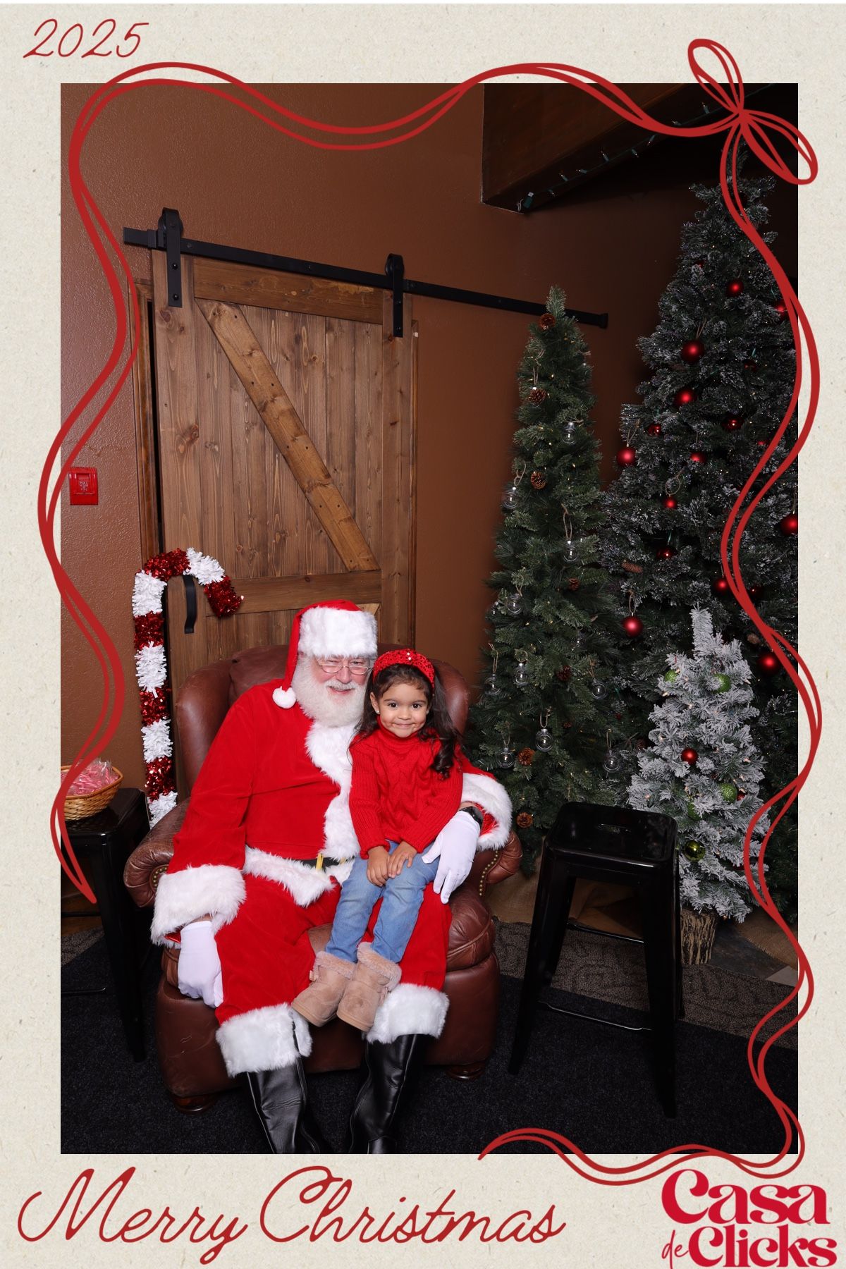 Three holiday-themed photos showing Santa's chair setup with decorated Christmas trees and festive decor in a rustic wooden room.