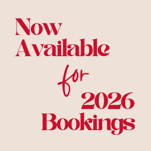 Minimalist text design showing 'Now Available for 2026 Bookings' in red text on a light background.