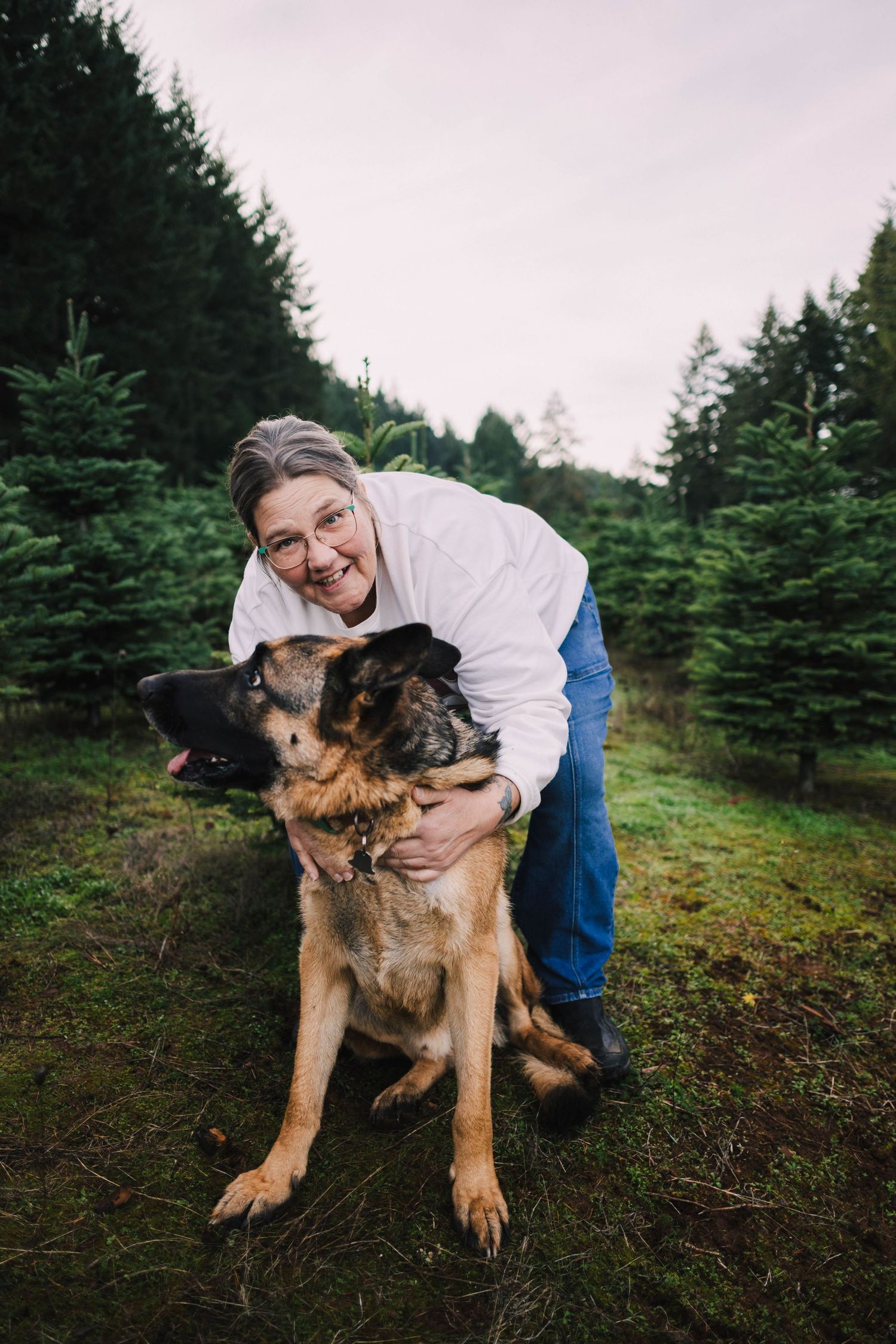 German Shepherd dog and owner playing together at a Christmas tree farm on a cloudy day.