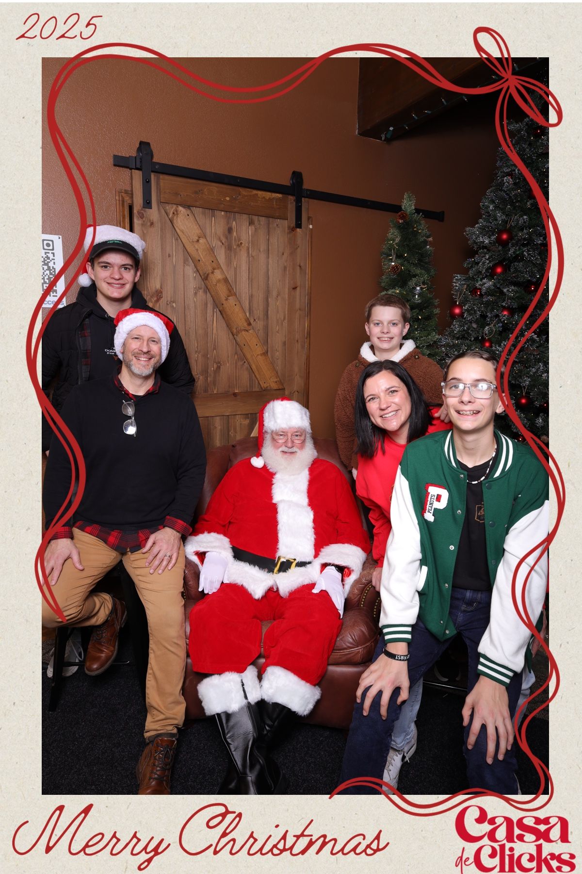 A festive holiday photo collage featuring Christmas decorations and traditional red and green seasonal attire.