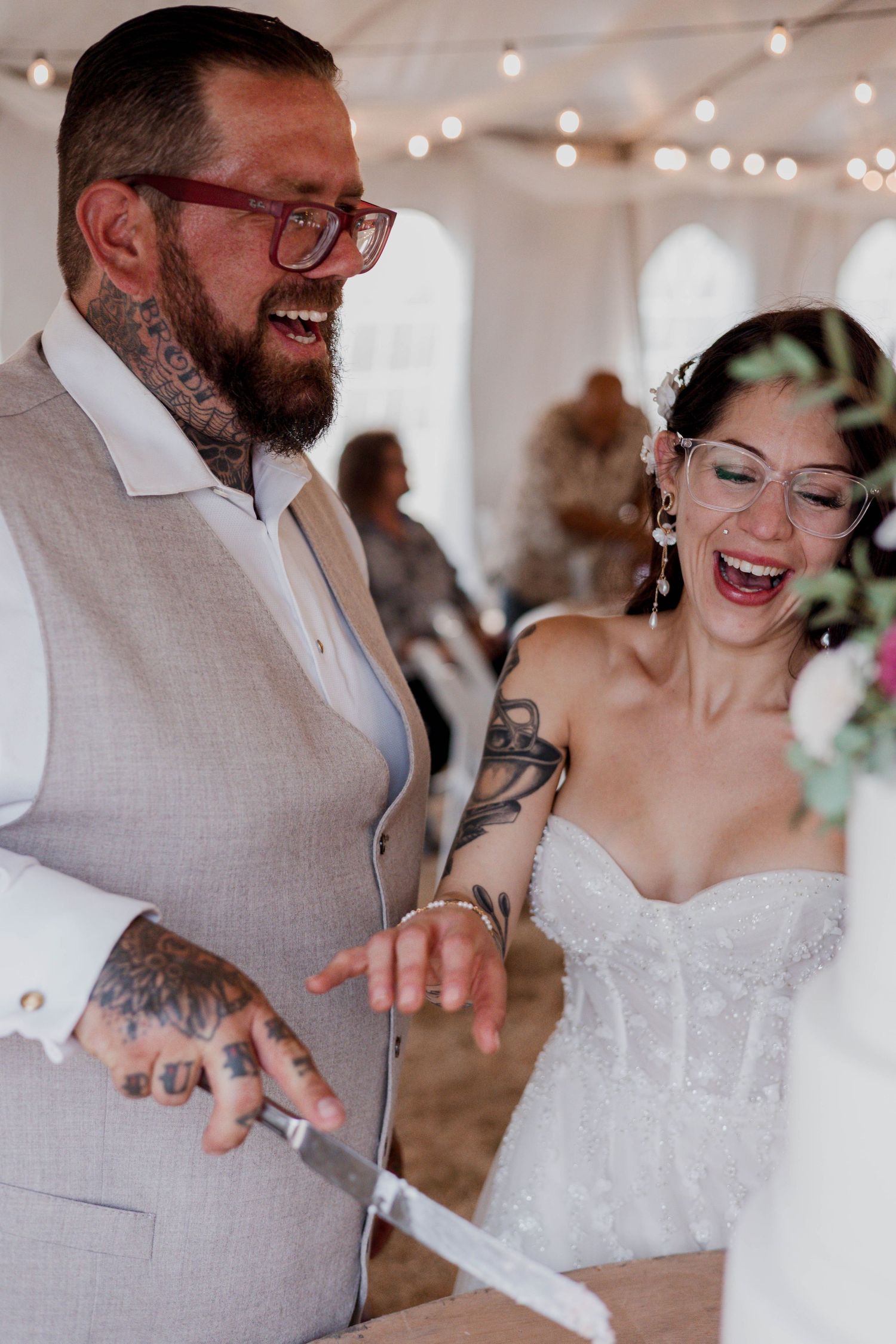 A joyful wedding couple shares intimate moments and laughter in a series of candid reception photos.