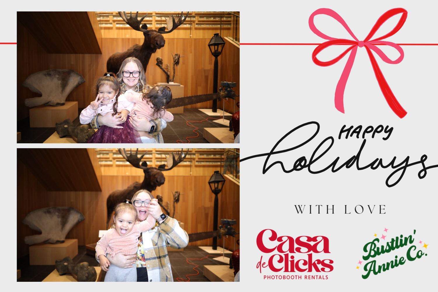 A collection of holiday-themed photos arranged in a horizontal strip with pink bow decorative elements.