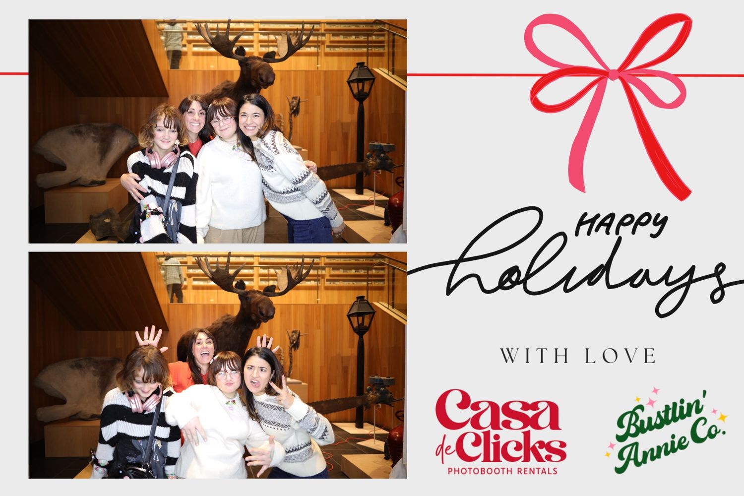 A group of people posing together at a holiday gathering with festive decorations and text overlays.