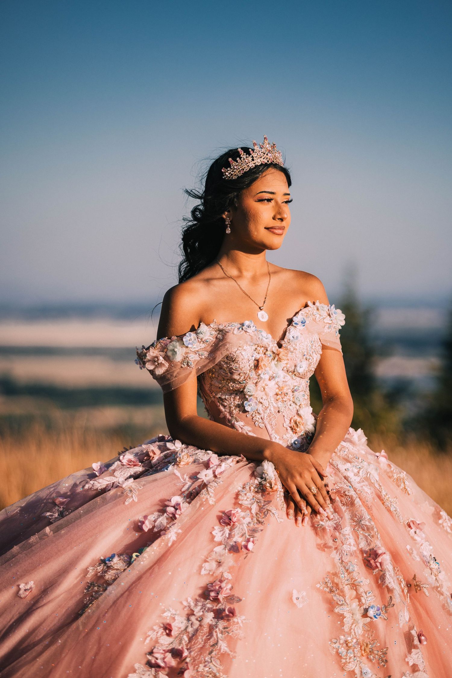 A pink ballgown with delicate floral appliques photographed in a dreamy outdoor setting during golden hour.