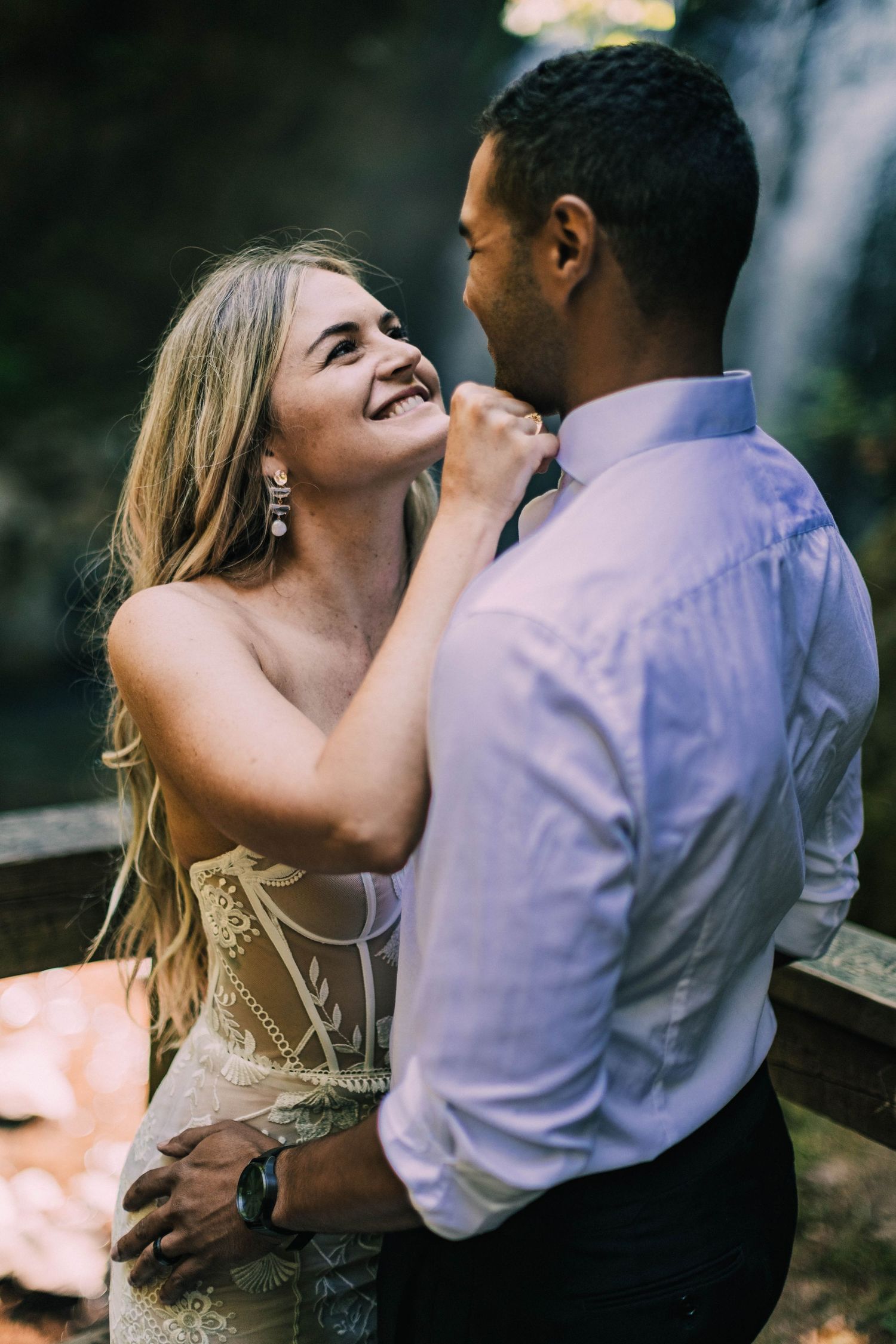 Romantic couple sharing intimate moments in a series of close-up shots at sunset.