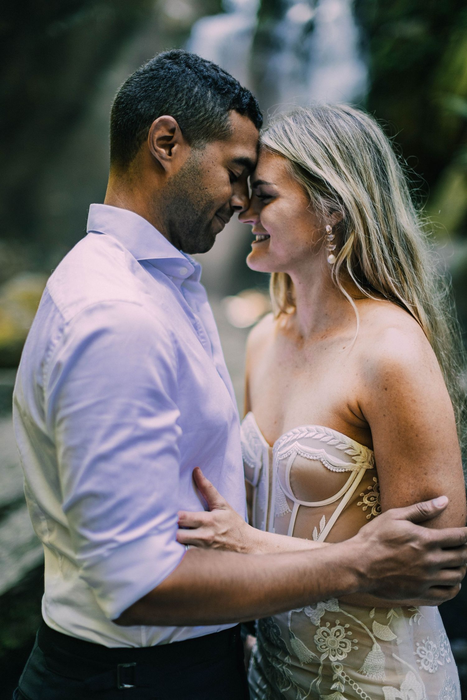 Intimate dance poses captured in sequence against natural forest backdrop.