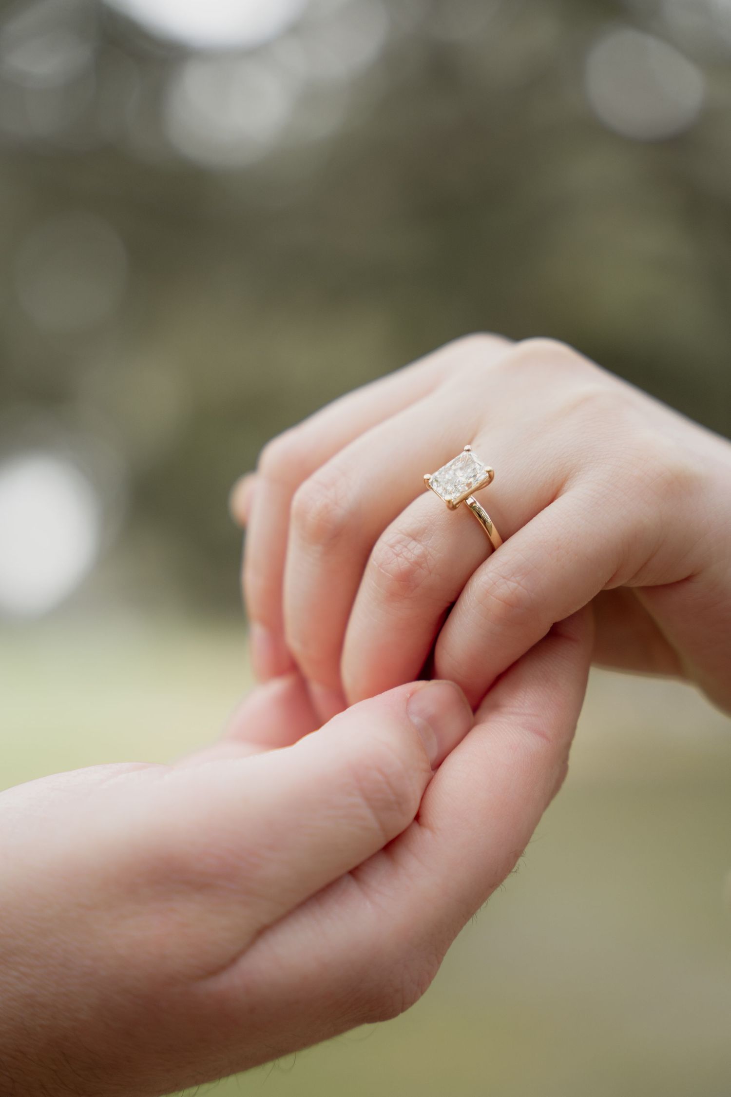 Detail picture of engagement ring at Forsyth Park