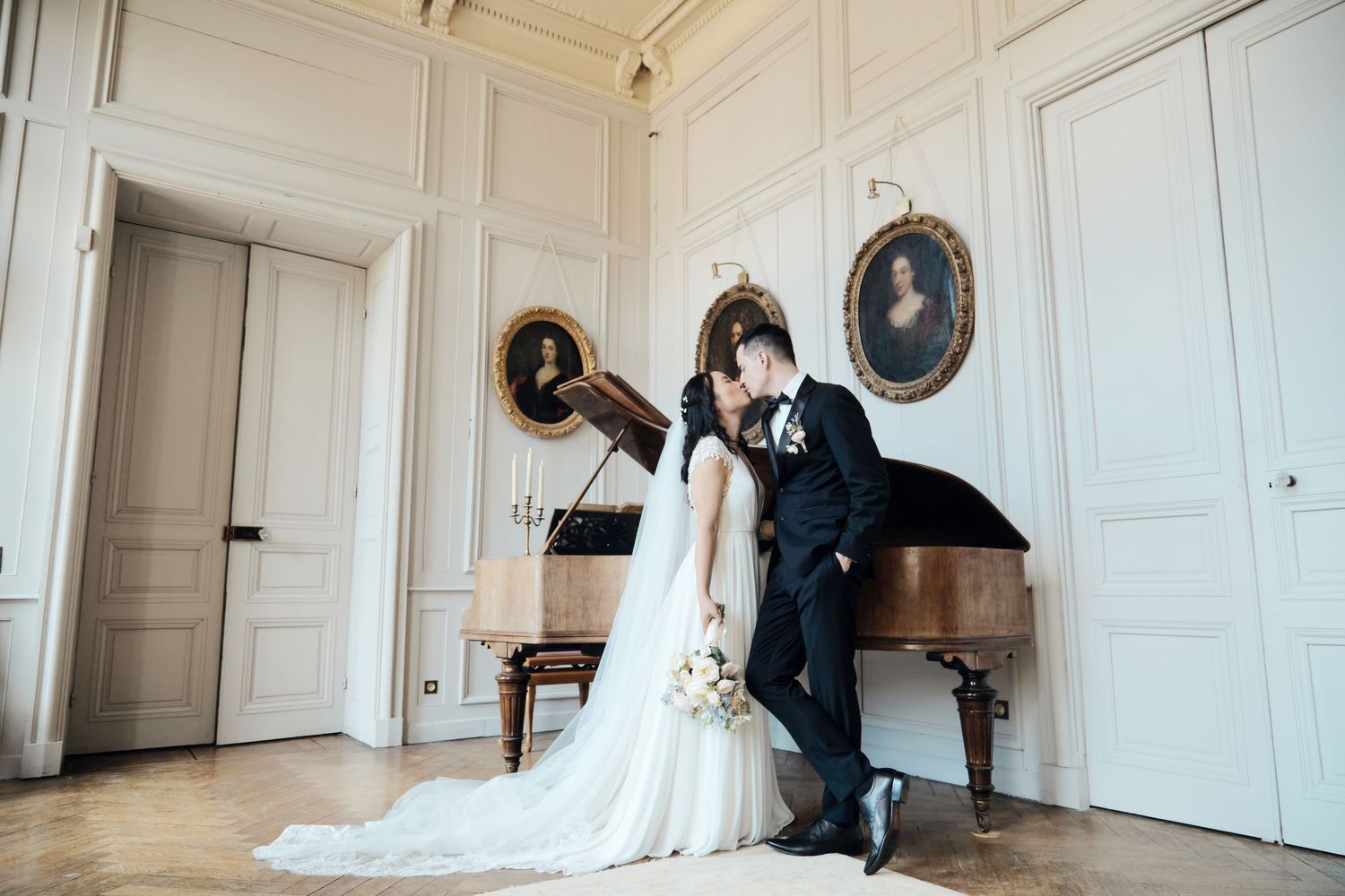 A series of elegant wedding photos showing a couple in formal attire posing in a bright white classical interior.