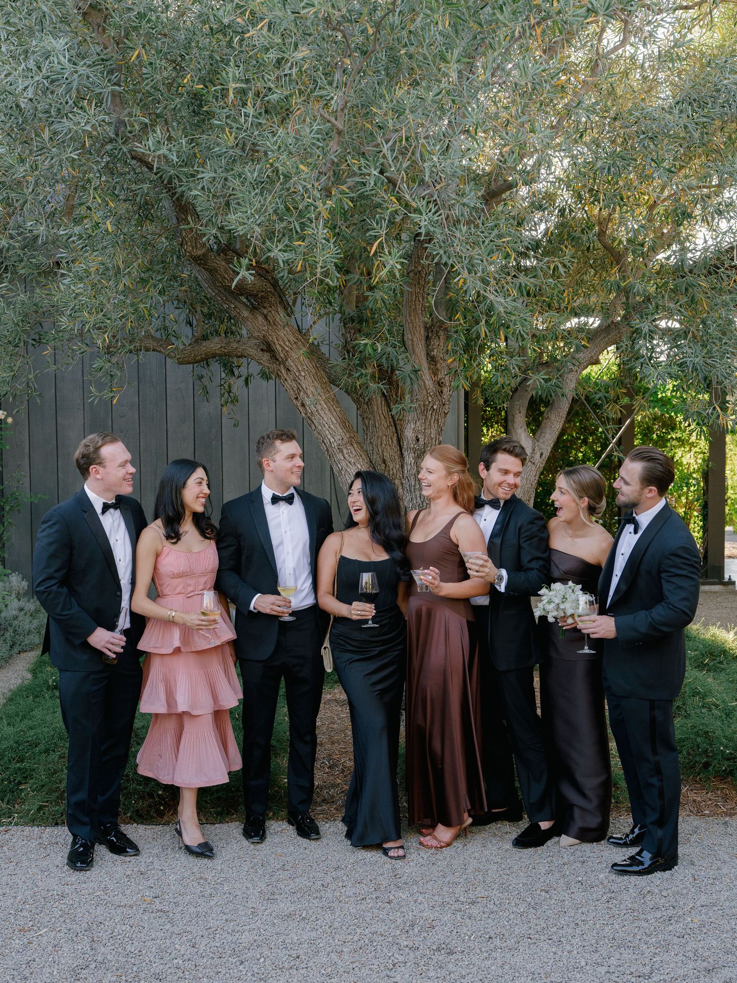 Wedding party in black tuxedos and colorful bridesmaid gowns gathered under olive tree.
