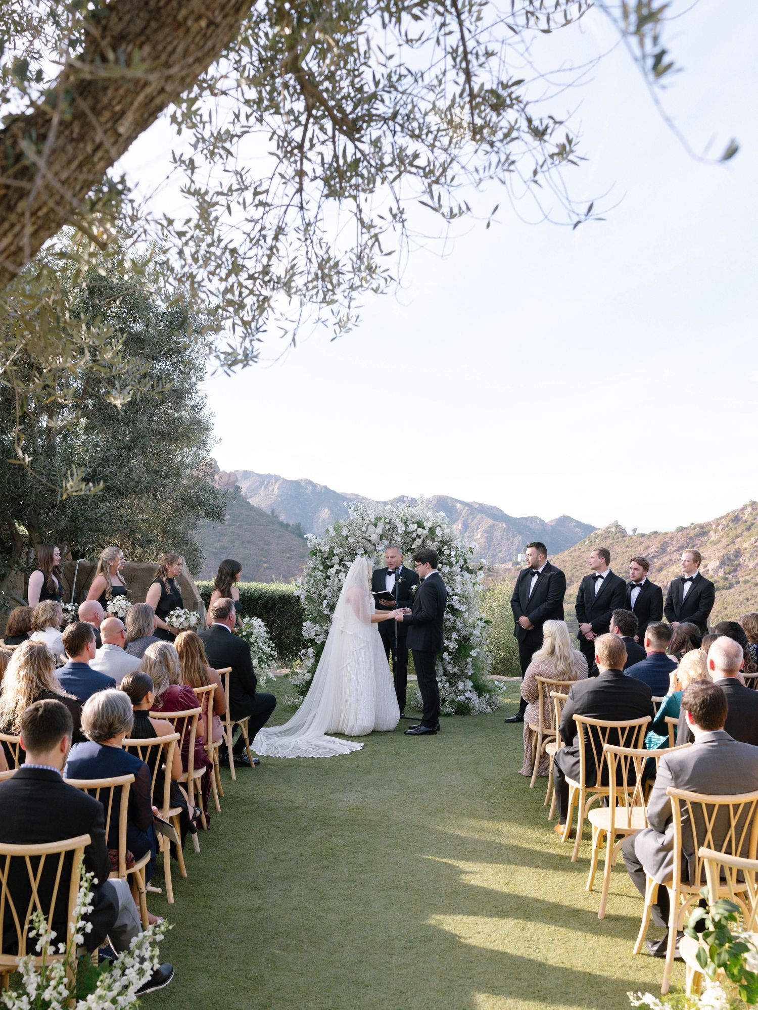 Outdoor wedding ceremony on a green lawn with floral arch, mountain backdrop, and guests seated in wooden chairs.