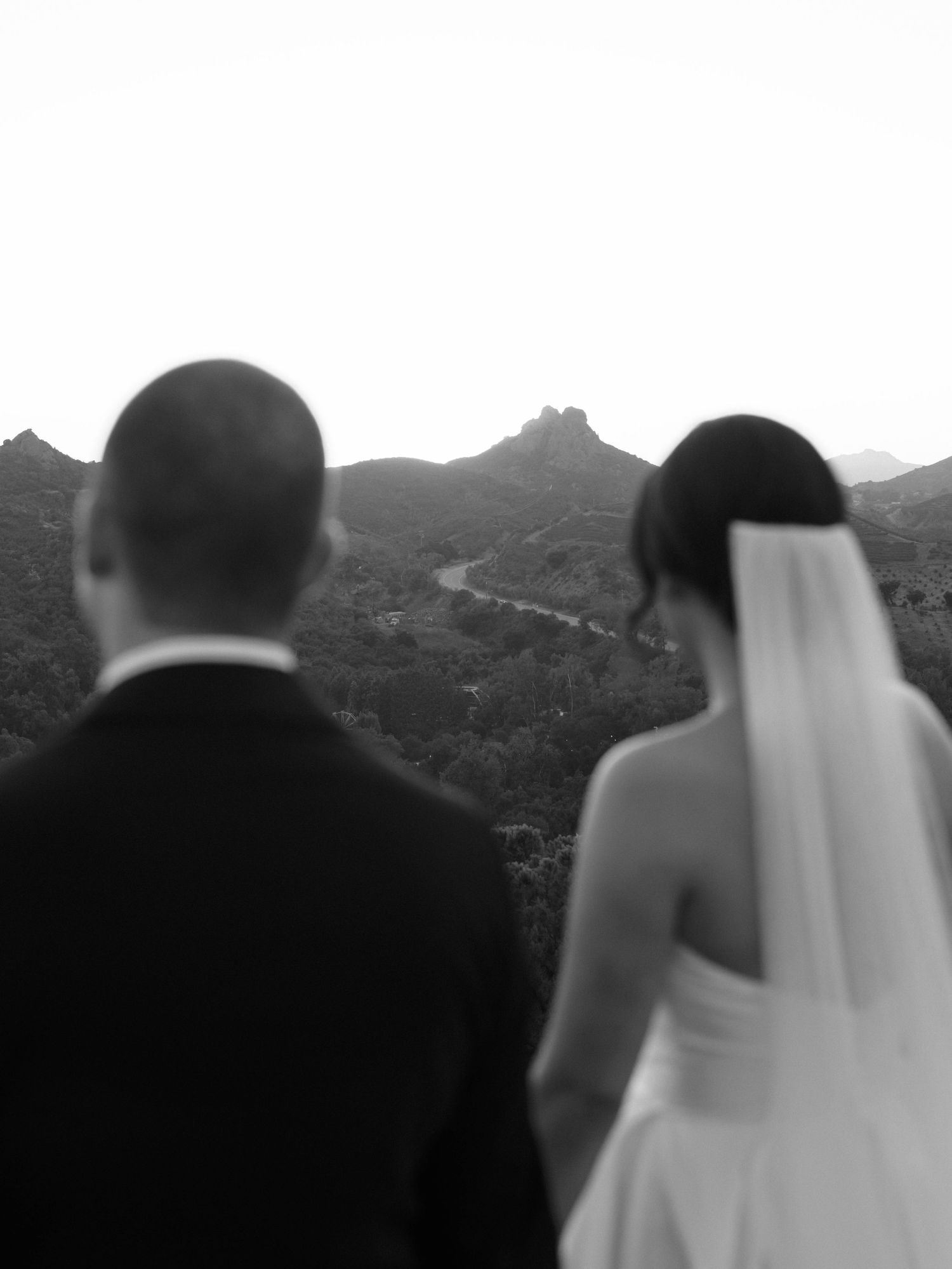 Black and white photo of bride and groom viewing mountain landscape on wedding day.