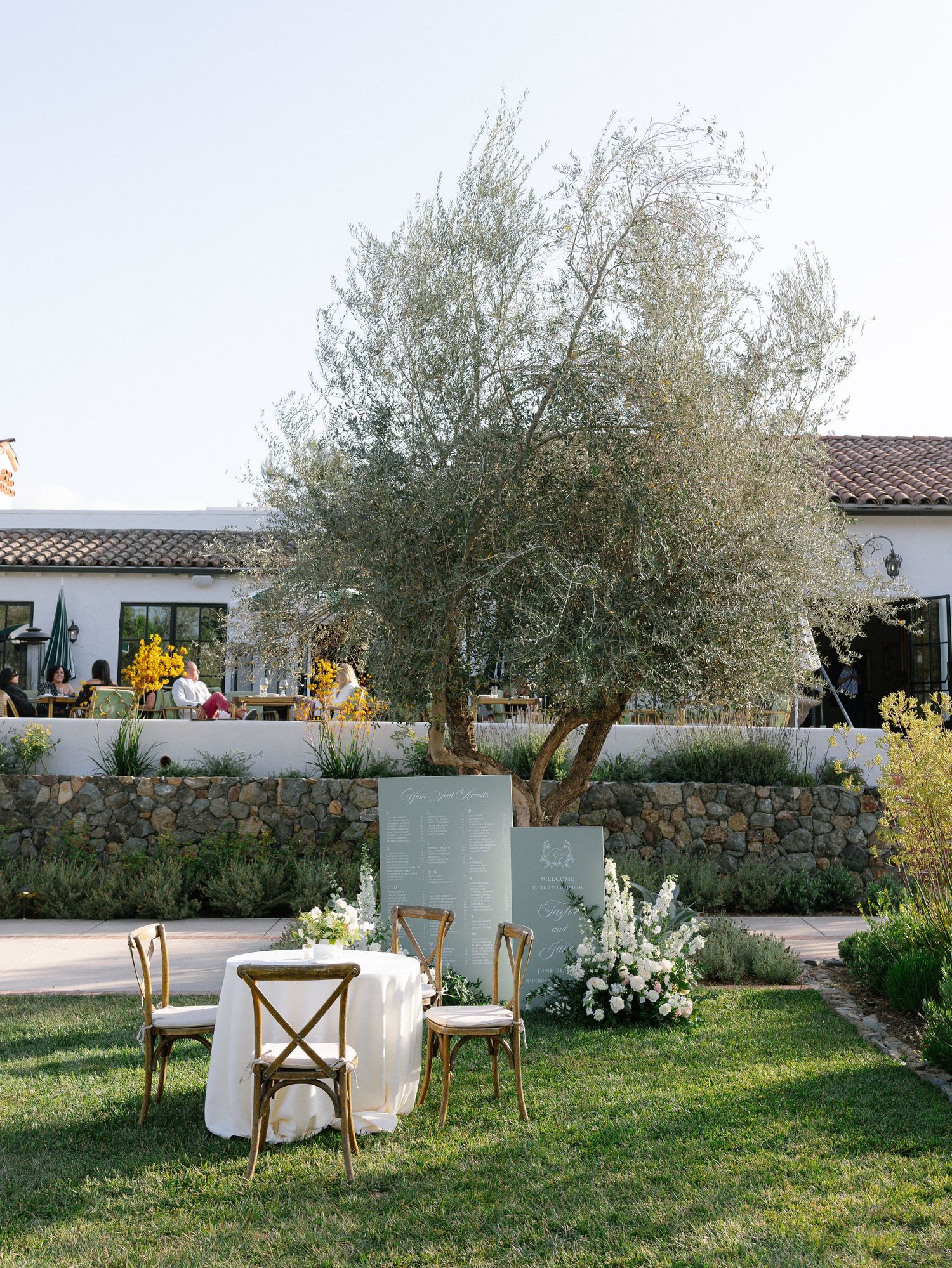 Outdoor wedding cocktail hour setup with a small table and chairs beneath a mature olive tree.