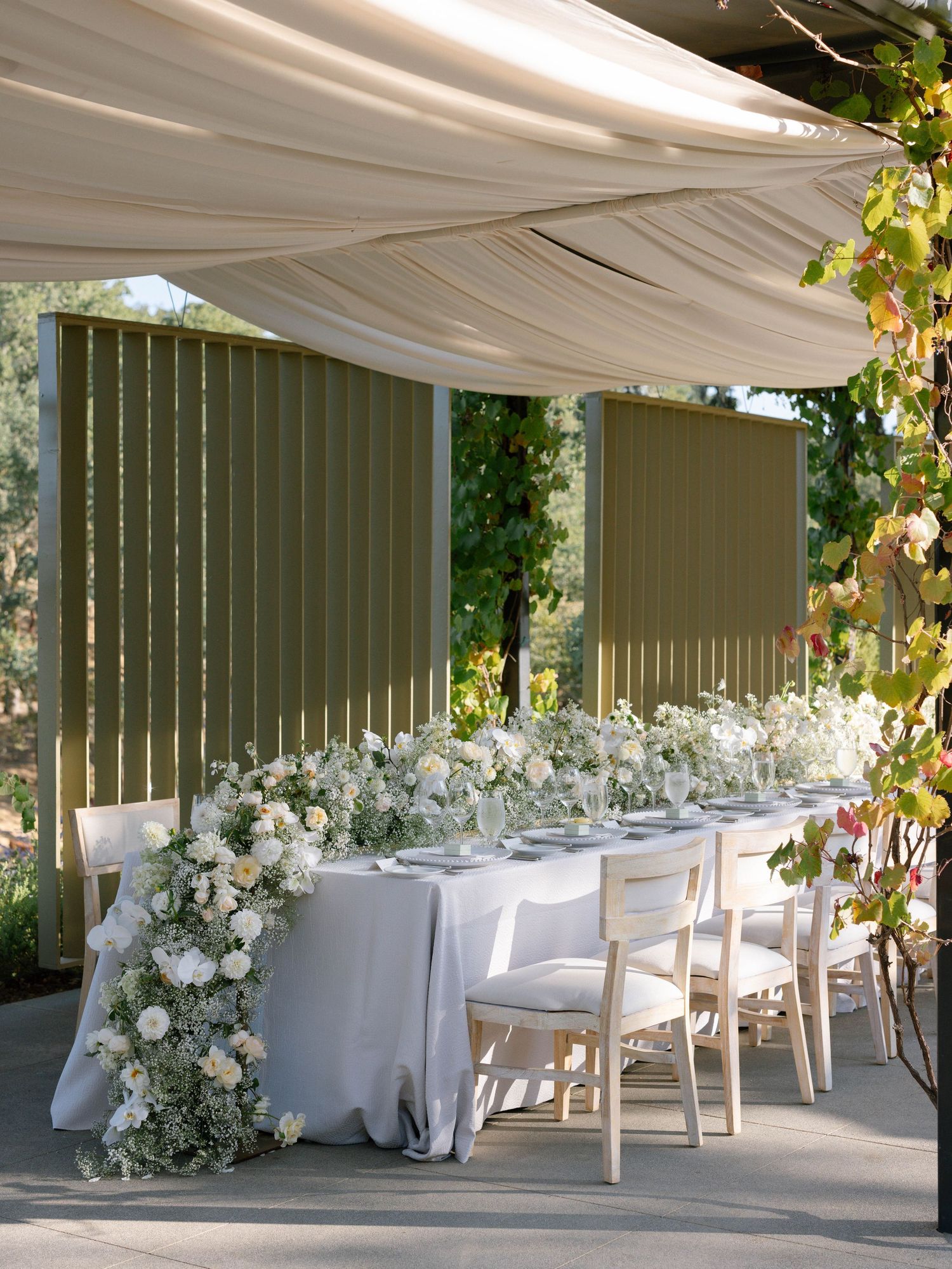 Outdoor wedding reception long table with white floral garland under draped fabric canopy at vineyard.