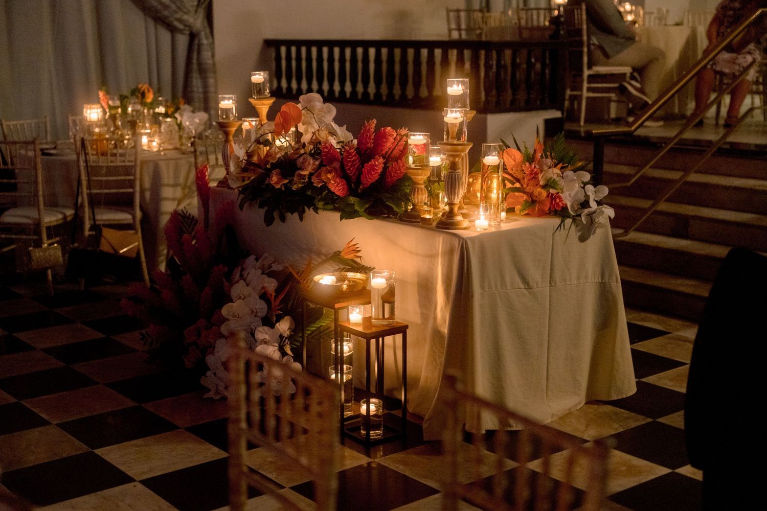 Intimate sweetheart table glowing with candlelight and tropical floral centerpiece in dimly lit venue.