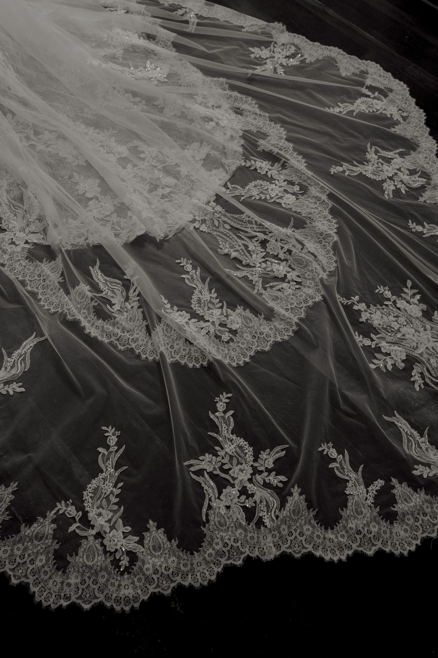 Elegant white bridal veil with intricate floral lace embroidery trim displayed on dark background.