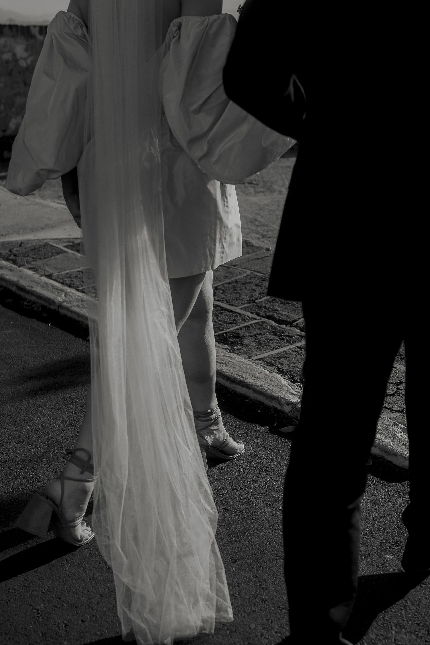 Black and white photo of a bride in a flowing veil and gown standing beside a groom in a dark suit outdoors.