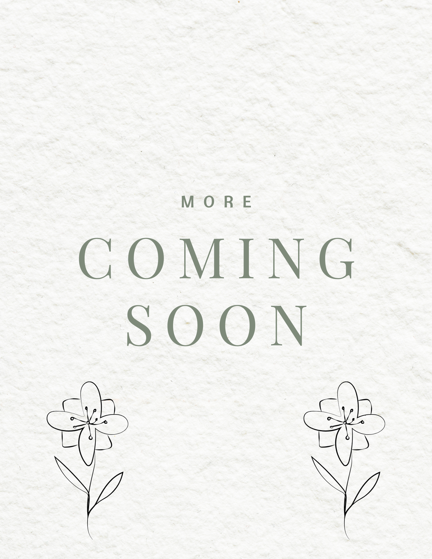 Minimalist coming soon placeholder card with floral line drawings on textured white background.