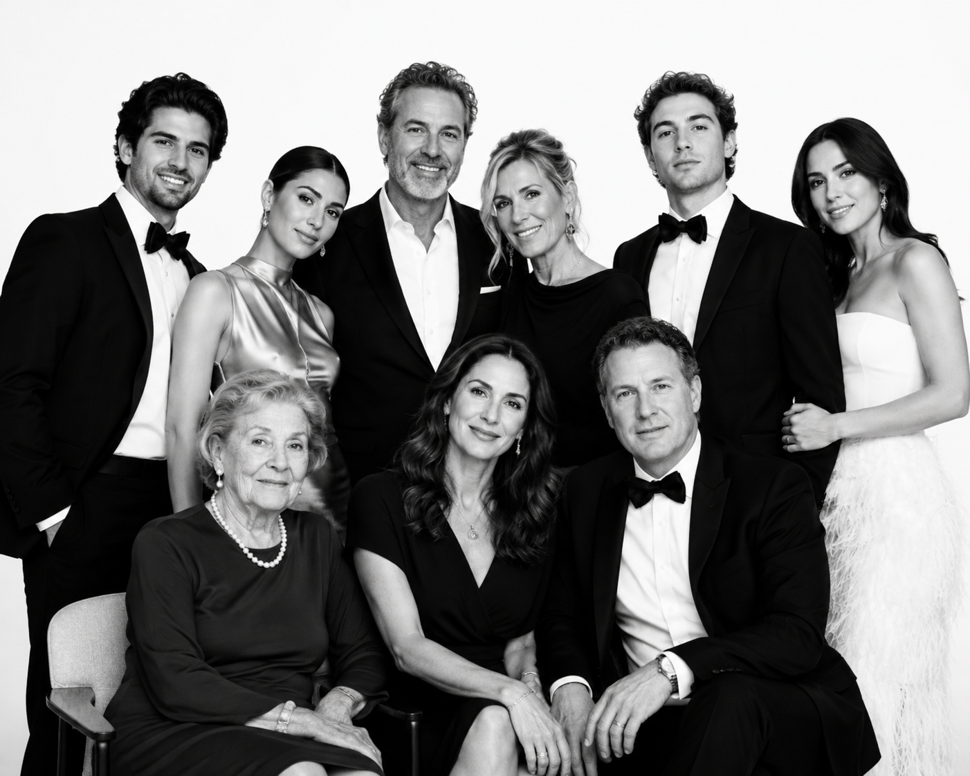 Black-and-white group portrait of wedding guests photographed by The Portrait Experience mobile studio.