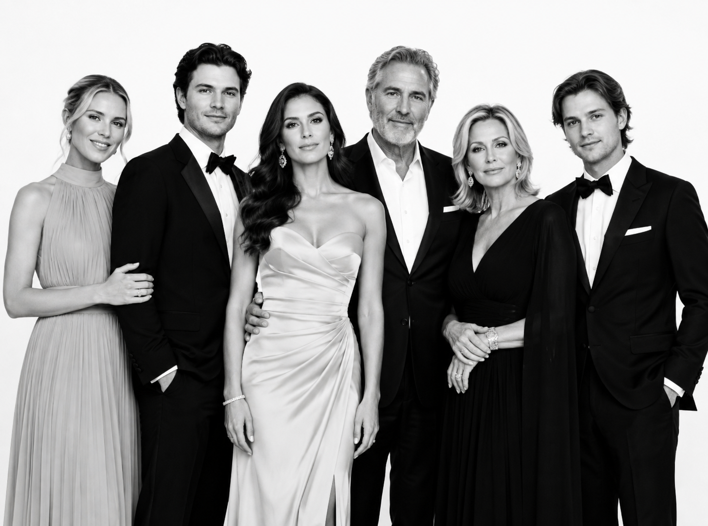 Black-and-white group portrait of wedding guests photographed by The Portrait Experience mobile studio.