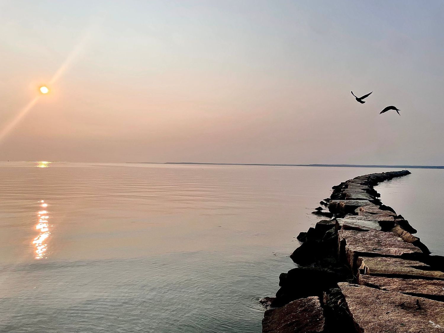 Serene sunset over calm lake waters with a rocky jetty extending into the distance and two birds soaring in the sky.