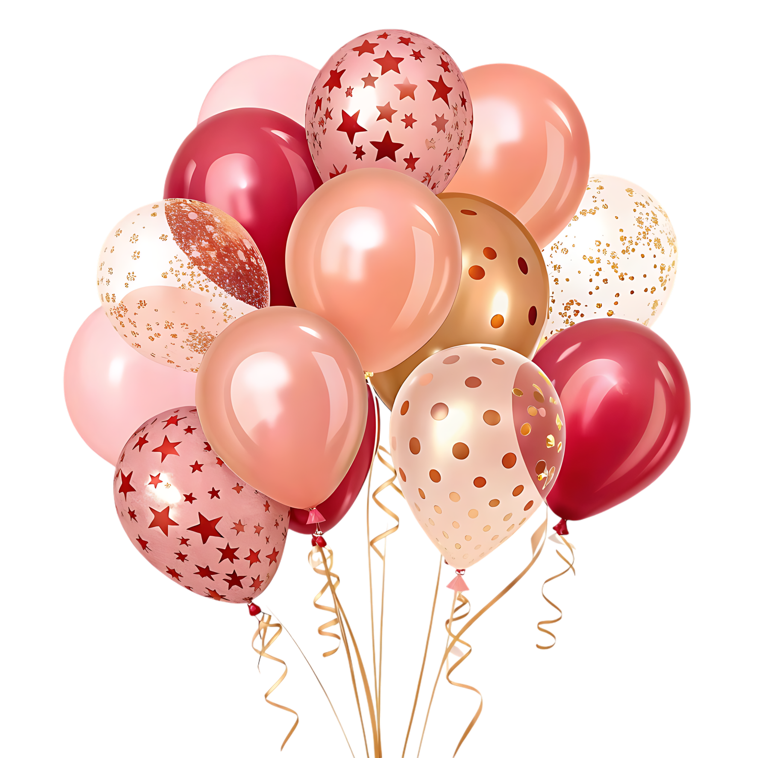 A festive bunch of pink, burgundy, and gold balloons with star and polka dot patterns, perfect for celebrations.