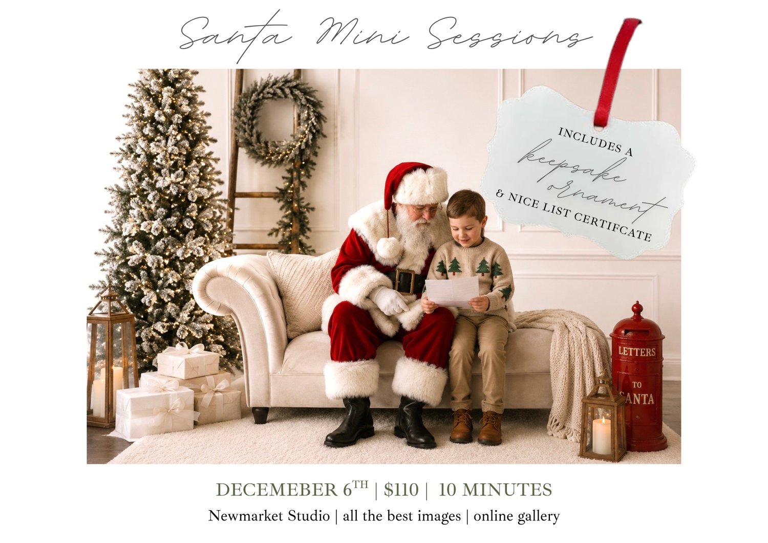 Santa Mini Sessions promotional image featuring Santa and child on a cream sofa, Christmas tree, December 6th, $110, 10 minutes.
