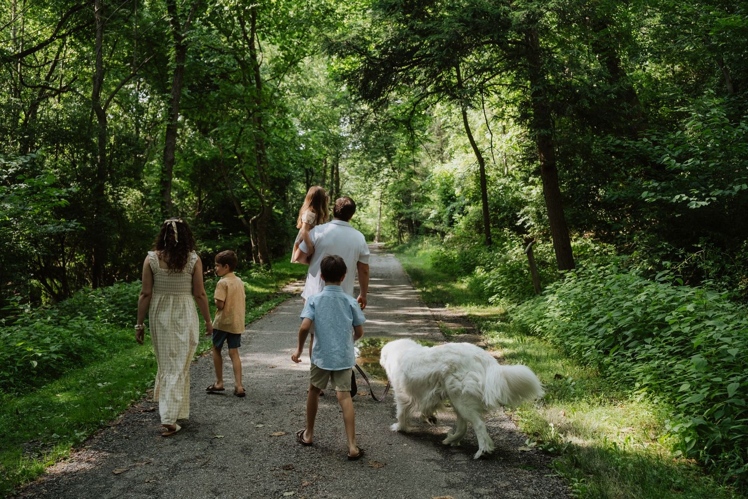 Family with dog walking on a lush green forest path in summer.