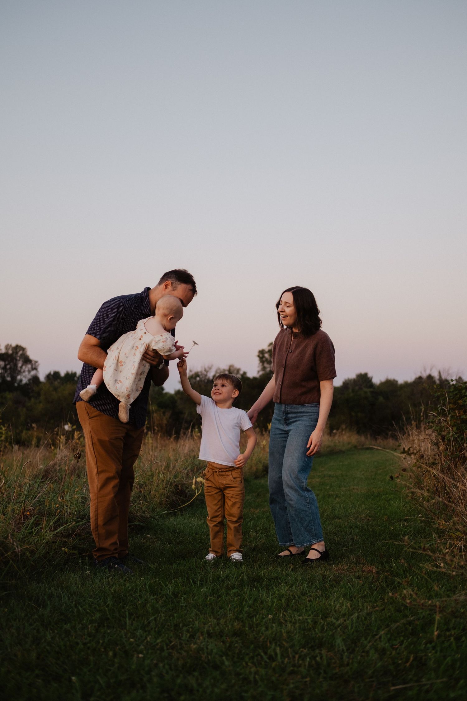 Family of four enjoying sunset together in open field with tall grass at dusk.