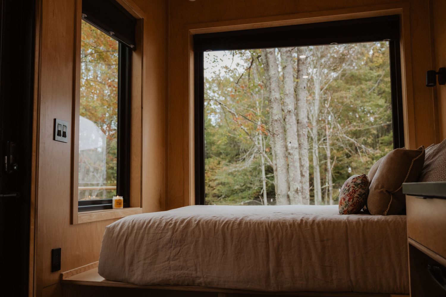 Cozy cabin bedroom with a large window overlooking birch trees in autumn, featuring a neutral-toned bed with pillows.