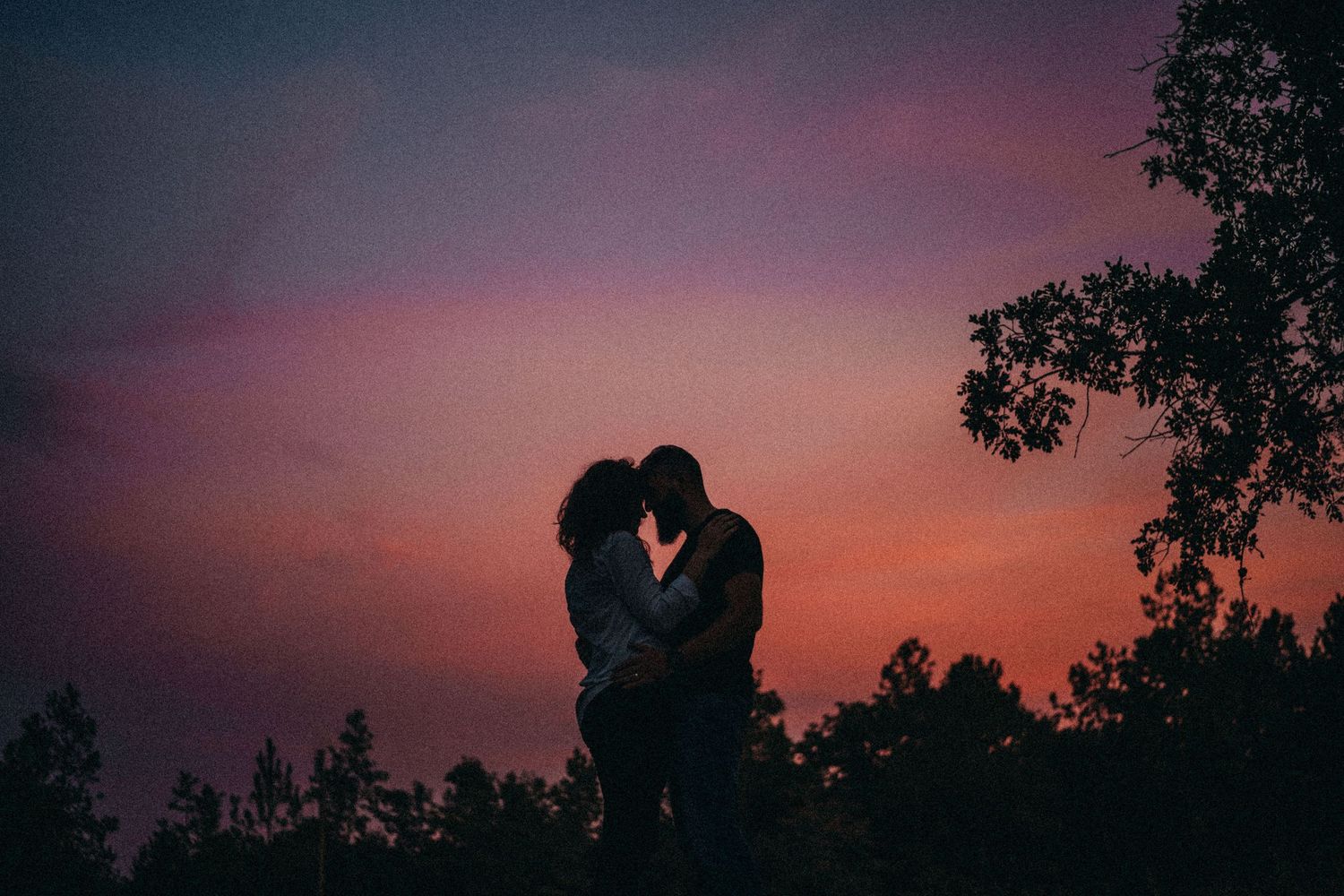 Romantic couple silhouette sharing a kiss against a vibrant pink and purple sunset sky with trees.